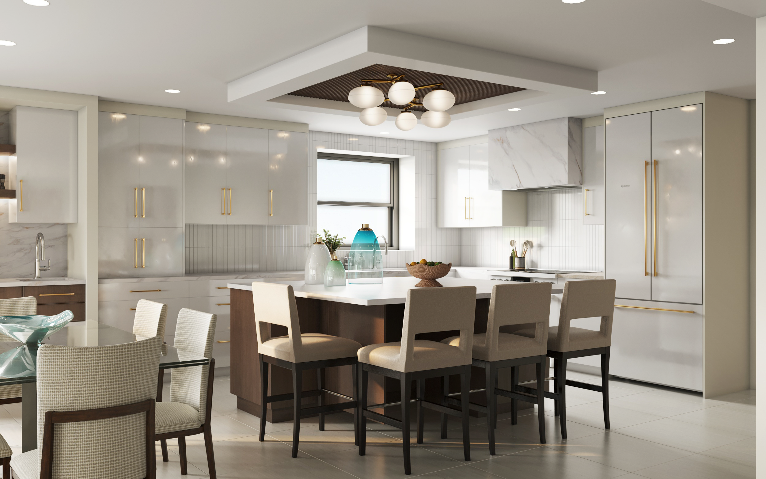 Digital rendering of a light and bright Key West kitchen featuring coastal-inspired cabinetry and warm wood accents designed to reflect natural island light.