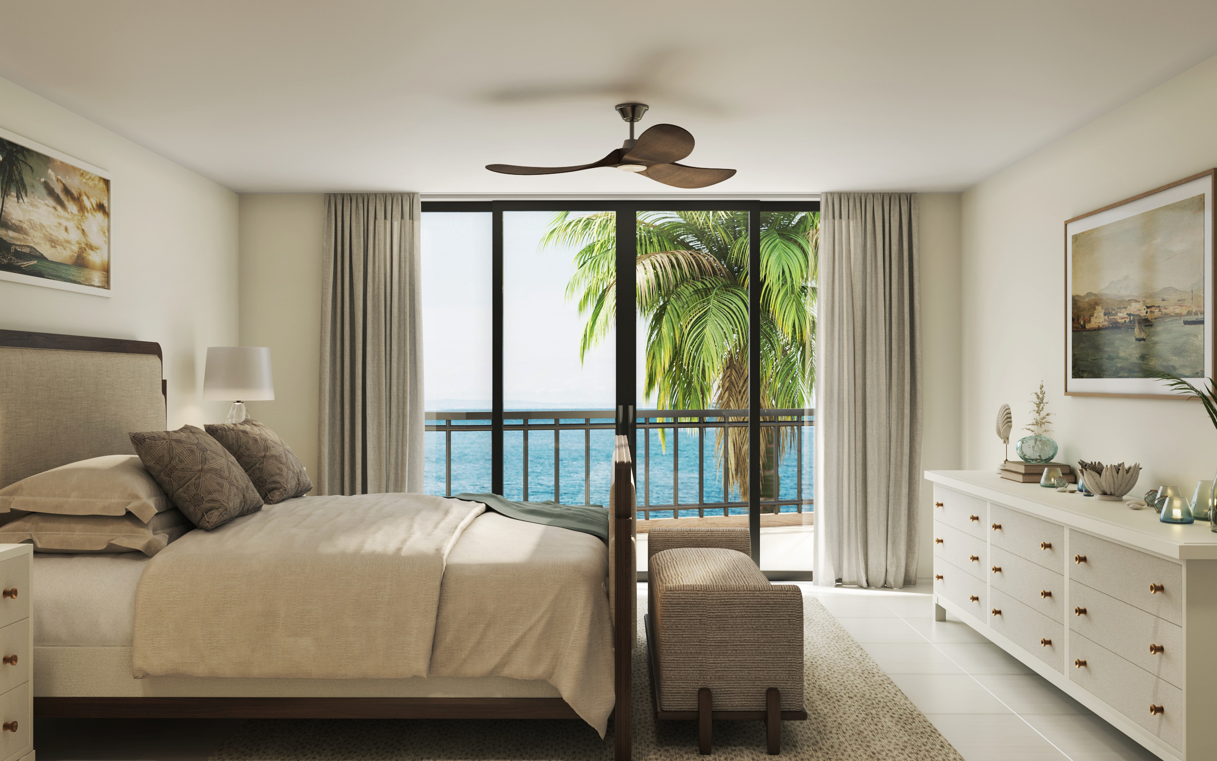 Interior design rendering of a tranquil primary bedroom in Key West, Florida, with floor-to-ceiling windows showing ocean views.