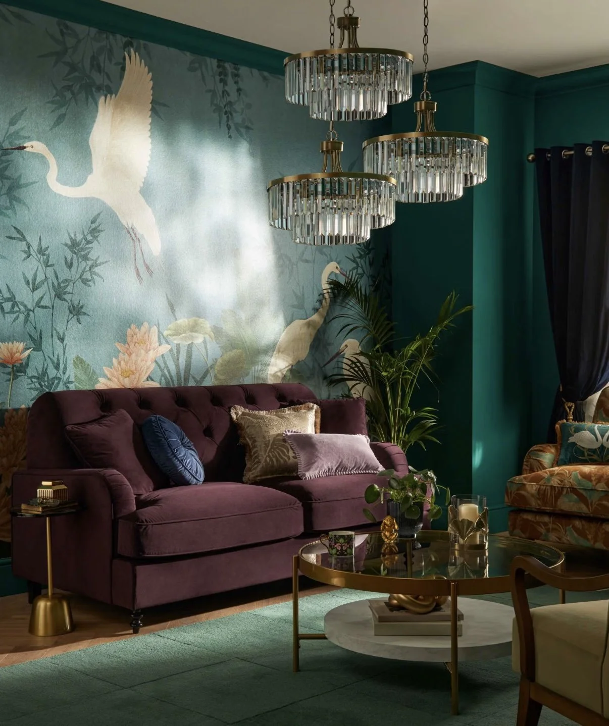 A nature-infused modern interpretation of Art Nouveau interior design with organic lines and botanical patterns.
