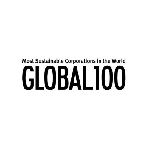 Text that reads 'Most Sustainable Corporations in the World, GLOBAL 100' on a white background.
