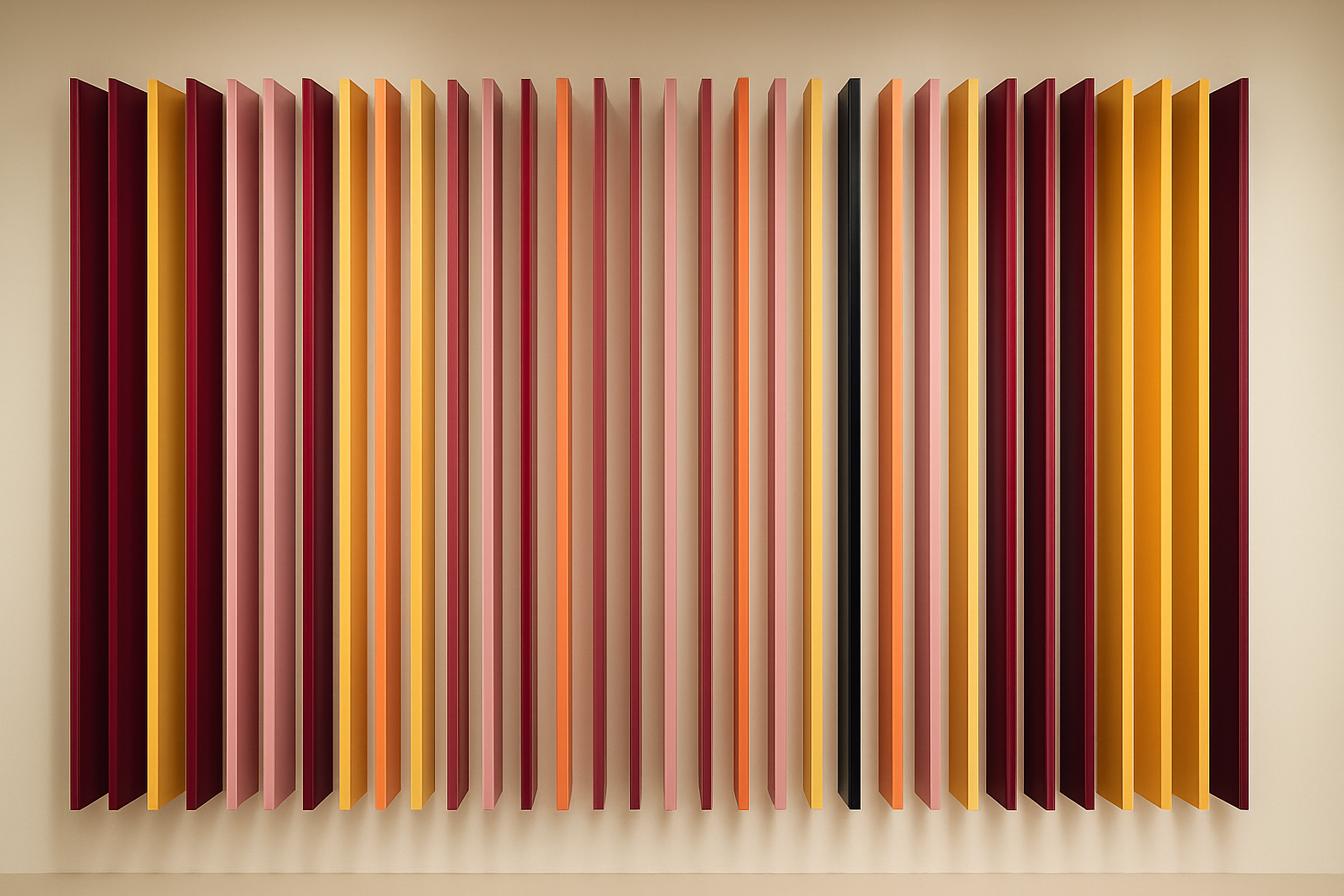 Colorful vertical panels arranged in a pattern on a wall.