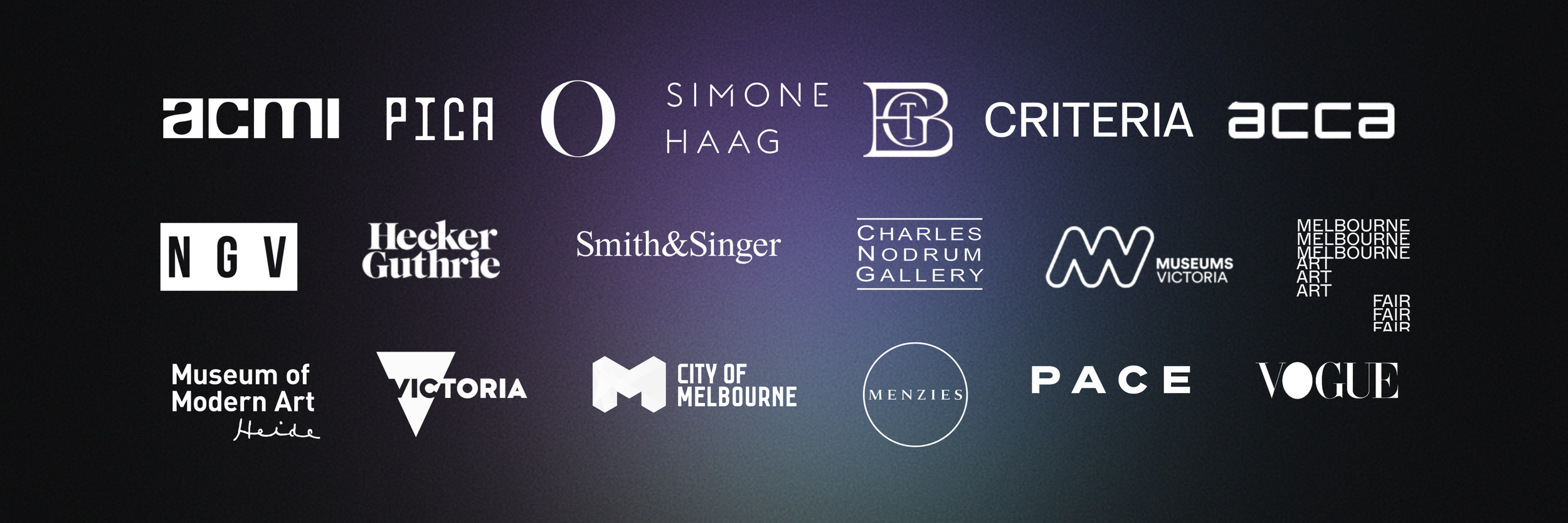 Collection of logos from various Melbourne cultural institutions and galleries, including ACMI, PICA, Simone Haag, Criteria, ACCA, NGV, Hecker Guthrie, Smith & Singer, Charles Nodrum Gallery, Museums Victoria, Melbourne Art Fair, Menzies, City of Melbourne, PACE, Vogue, and Heide.