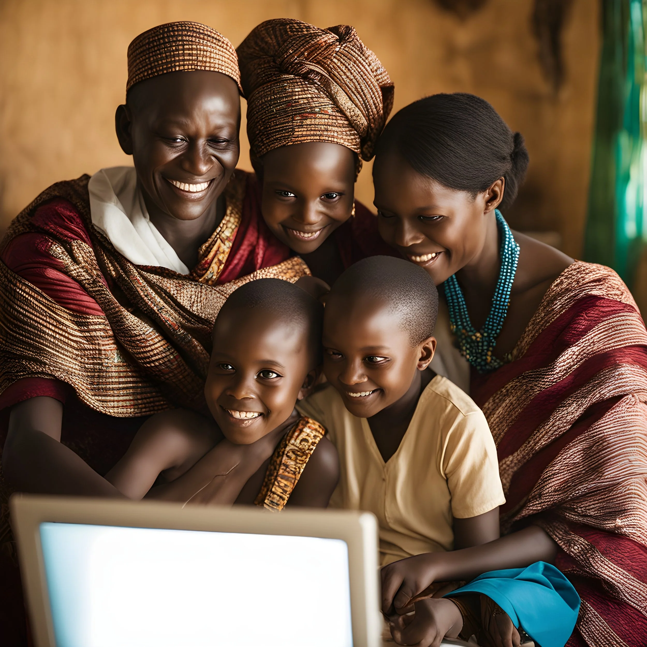 A family of six to seven people, including an elderly woman, two women, and three children, gathered around a laptop, smiling and looking at the screen in a warmly lit room.