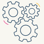 Drei verschlungene Zahnrad-Icons in Blau, mit einer pinken Linie und einem dunkelblauen Bogen.