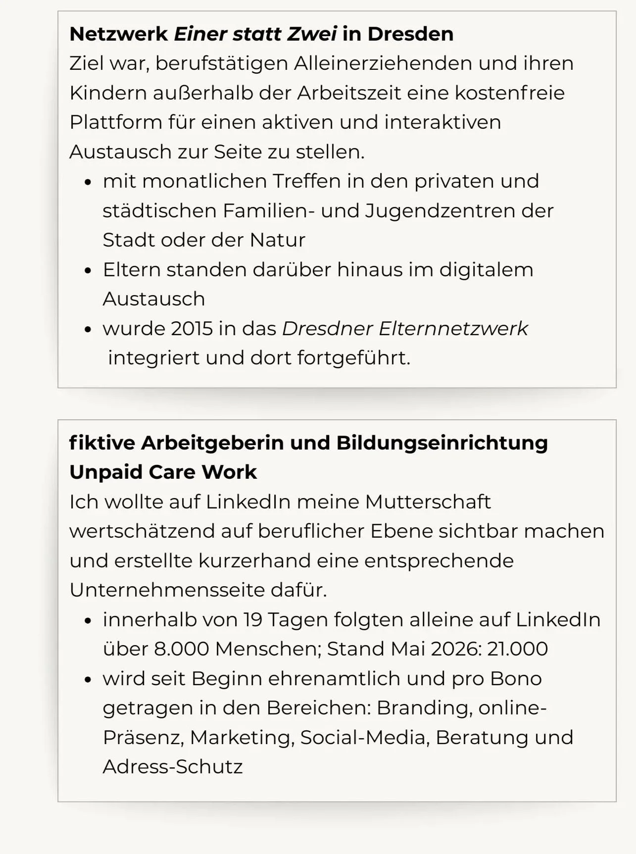 Text zur Vernetzung von Eltern und Fachkräften in Dresden und zu LinkedIn-Aktivitäten, inklusive Zielen, Zahlen und Maßnahmen