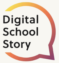 Logo mit Text 'Digital School Story' in einem stilisierten Sprechblasen-Design in Gelb, Orange und Lila.