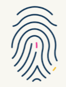 Ein Fingerabdruck mit pinken, gelben und schwarzen Markierungen.