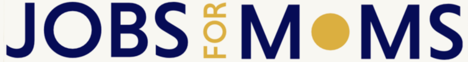 Logo mit den Worten "Jobs for Moms" in blauer und goldener Schrift auf weißem Hintergrund.