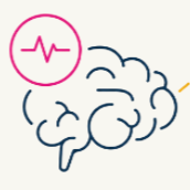 Zeichnung eines Gehirns neben einem blauen Herz mit einem pinken EKG-Symbol