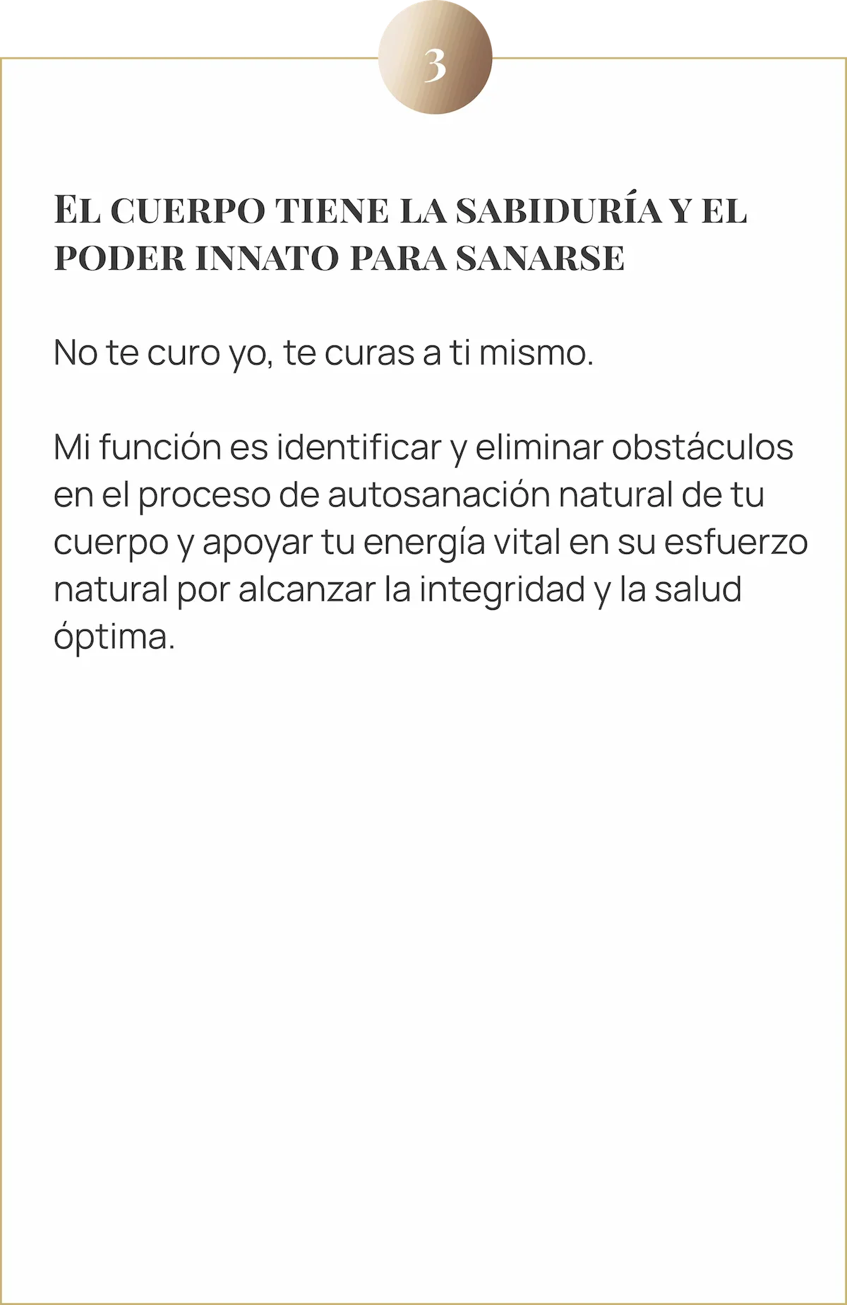 Imagen con texto sobre la sabiduría innata: La idea de que el cuerpo tiene el poder de sanarse a sí mismo. El papel de la terapeuta es eliminar obstáculos y apoyar la energía vital hacia la salud integral.