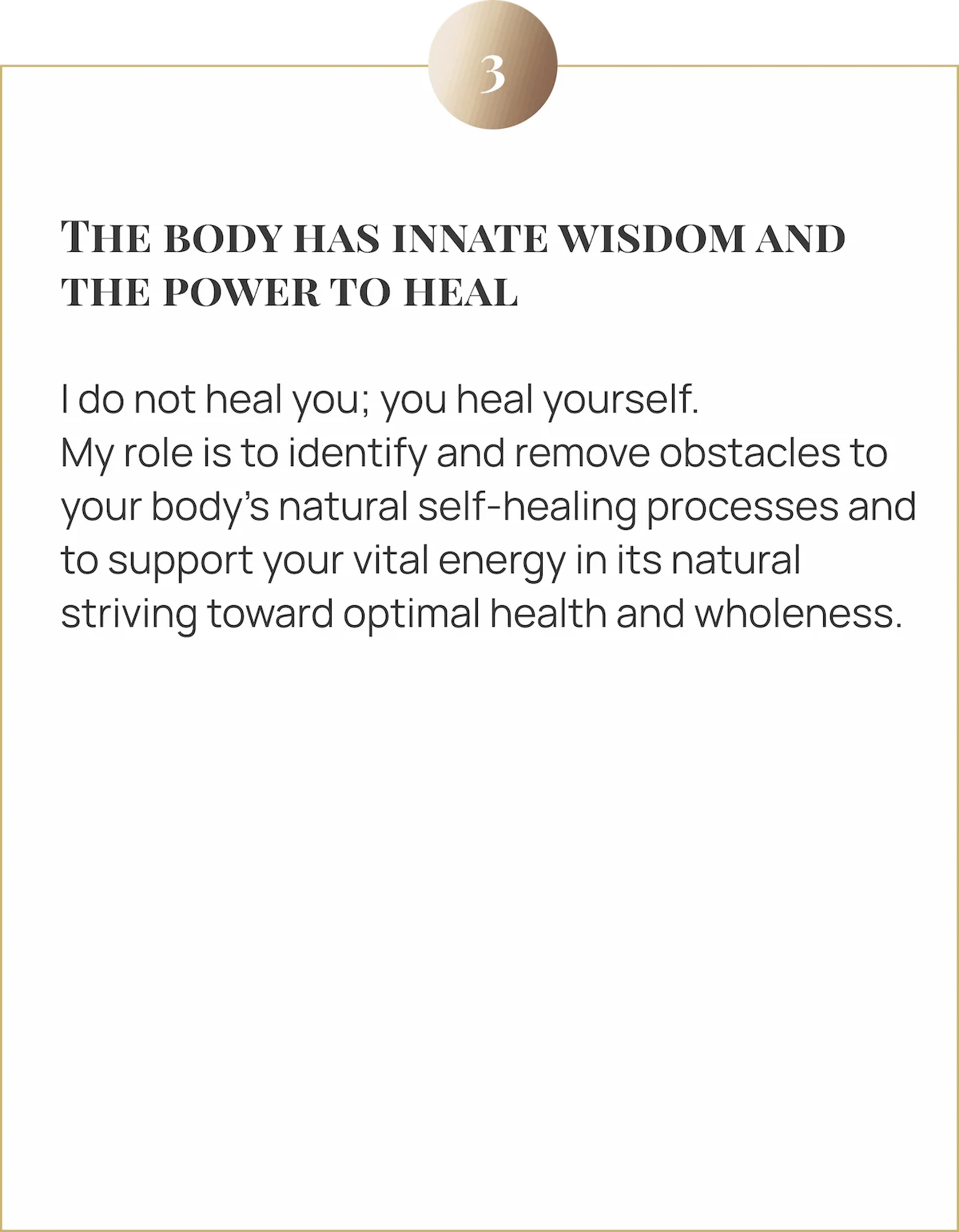 Image with text on innate wisdom: The idea that the body has the power to heal itself. The therapist's role is to remove obstacles and support vital energy toward holistic health.