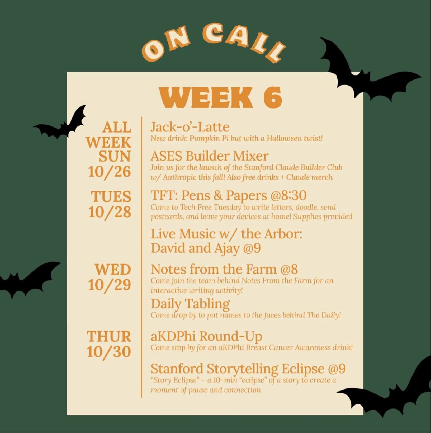Welcome to week 6 ladies and gentlemen! We have some spooky things happening at the café this week, so get hyped 🎃👻 
☕️☕️☕️
#oncall #oncallcafe