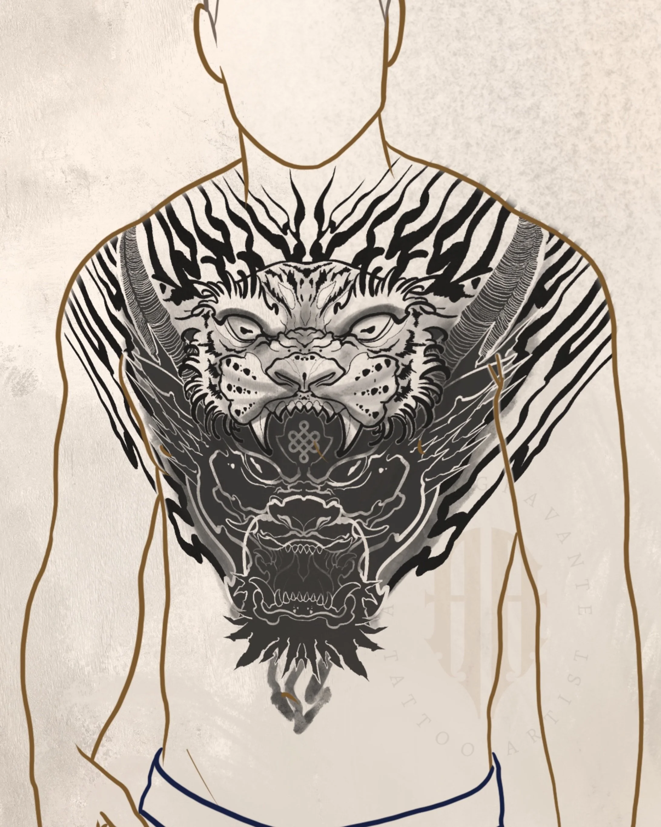 Keeping busy while on holiday.. available concept to tattoo - this large scale blackwork irezumi inspired piece is not for the faint hearted! Can work for a back piece too. 
Contact me via email if you&rsquo;re the type of person who is unapologetica