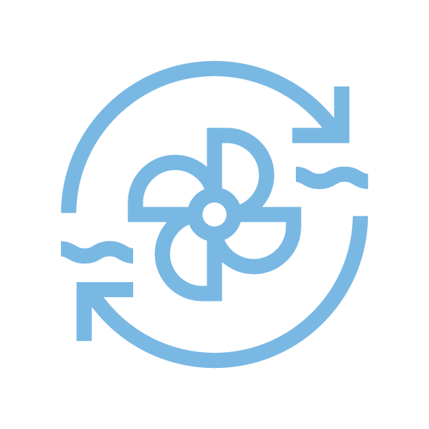 A blue recycling icon of a rotating arrow circle with a fan or turbine in the center, symbolizing recycling and environmental sustainability.