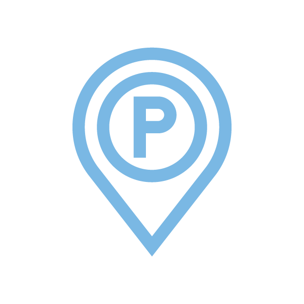 Blue parking location icon with a P inside a circle, indicating parking