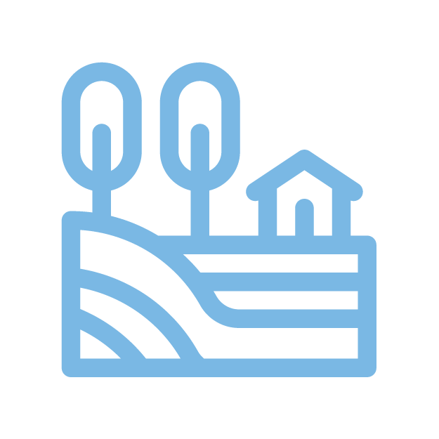 Simple line drawing of a rural landscape with two trees, a house, and rolling hills in the foreground.