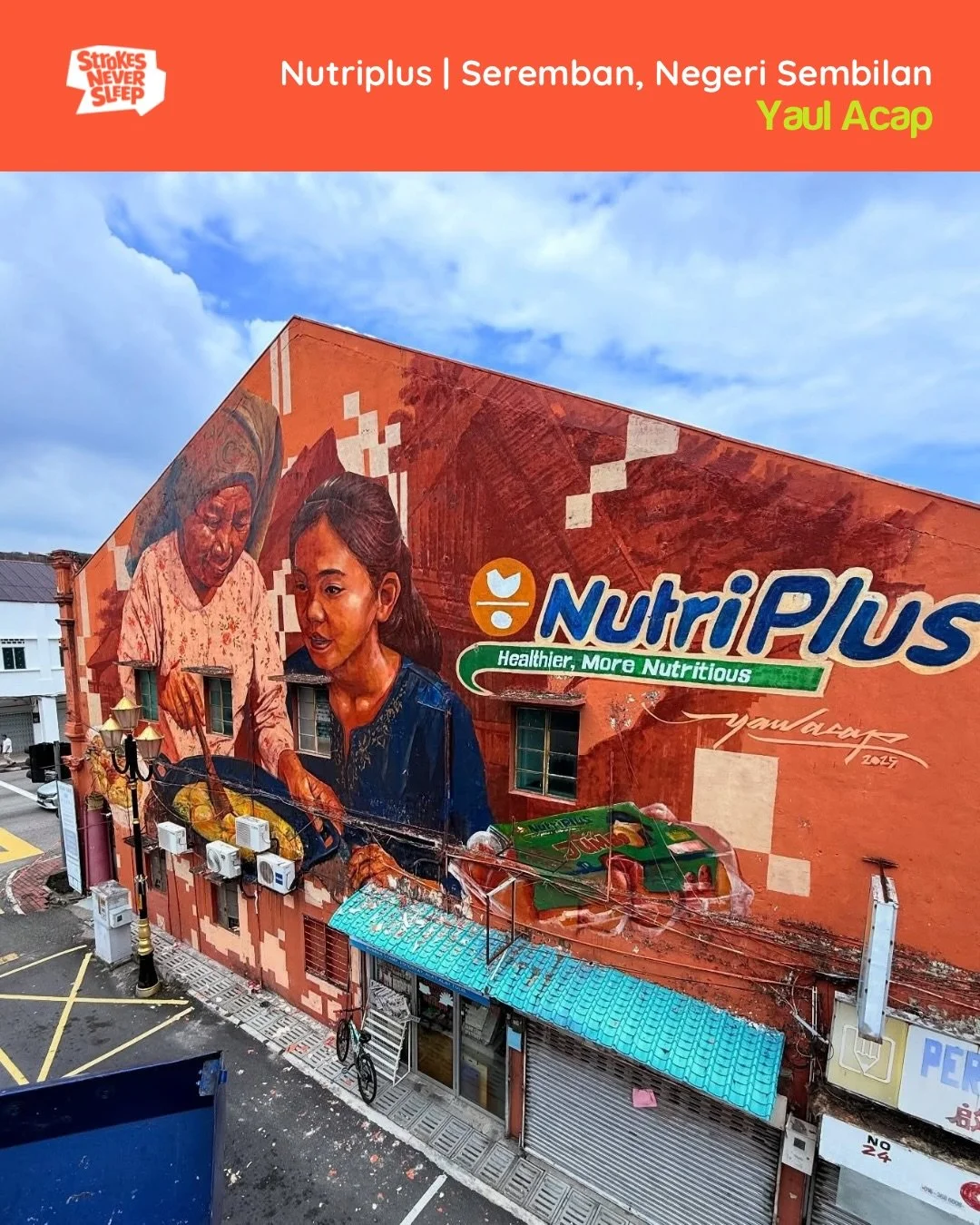 Completed on site.

A mural project in Seremban, Negeri Sembilan in collaboration with NutriPlus and Majlis Bandaraya Seremban.

Bringing colour back to the streets. Blank walls now carrying stories the town can be proud of.

Artist &amp; credit phot