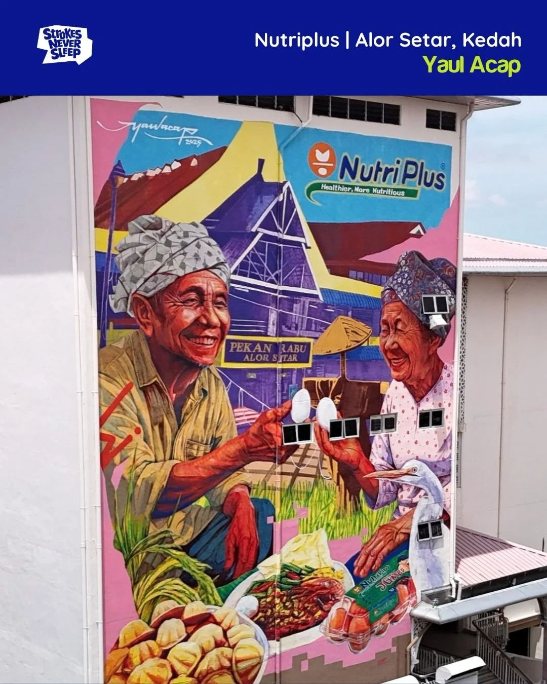 Completed on site.

A mural project in Alor Setar, Kedah in collaboration with NutriPlus and Majlis Bandaraya Alor Setar.

Bringing colour back to the streets. Blank walls now carrying stories the town can be proud of.

Artist &amp; credit photo: @ya
