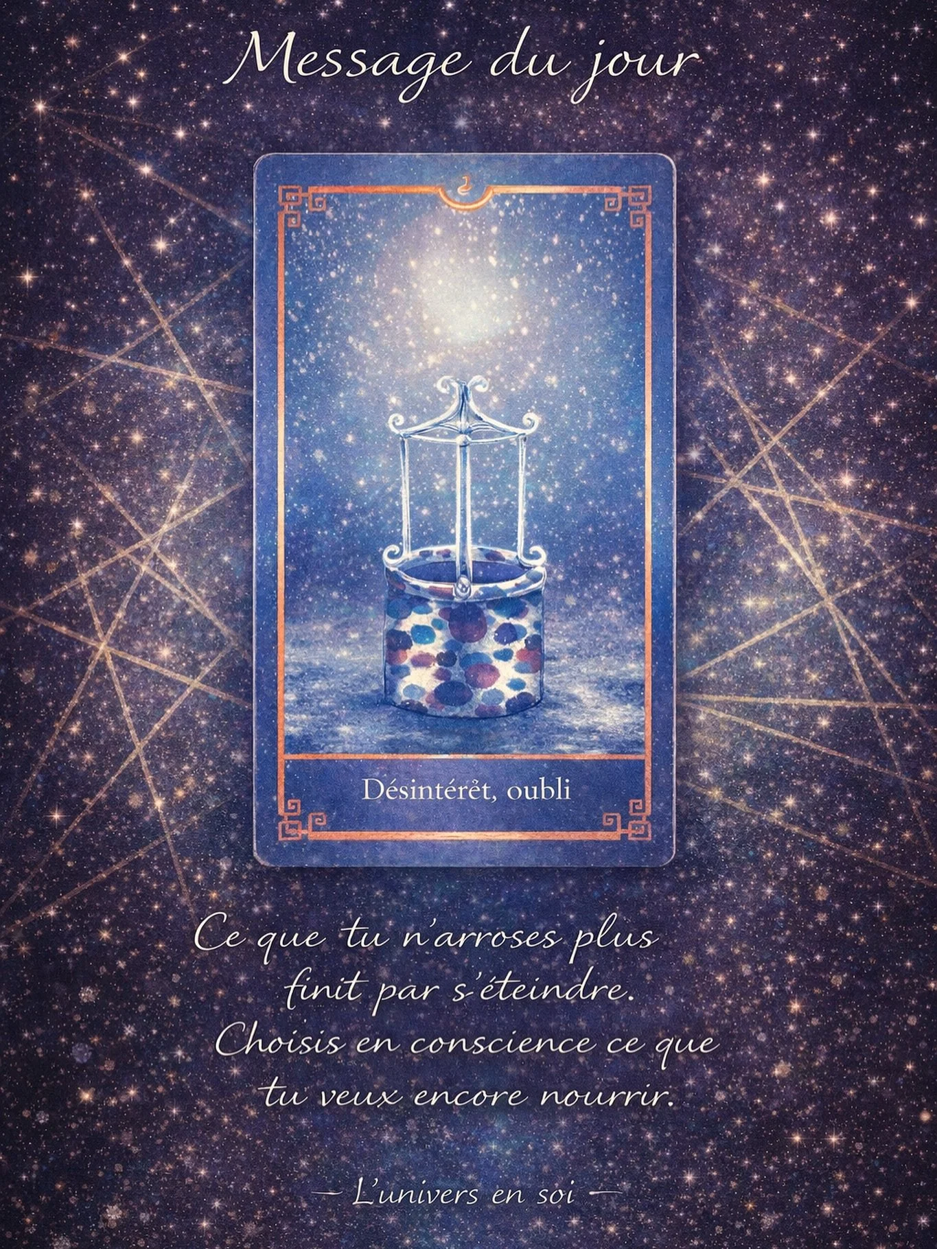✨ Message du jour ✨

Il arrive que l&rsquo;on s&rsquo;&eacute;loigne, sans bruit.
Par fatigue, par protection, ou simplement parce que l&rsquo;&eacute;lan n&rsquo;y est plus.
Ce message vient te rappeler une chose essentielle :
ce que tu ne nourris p