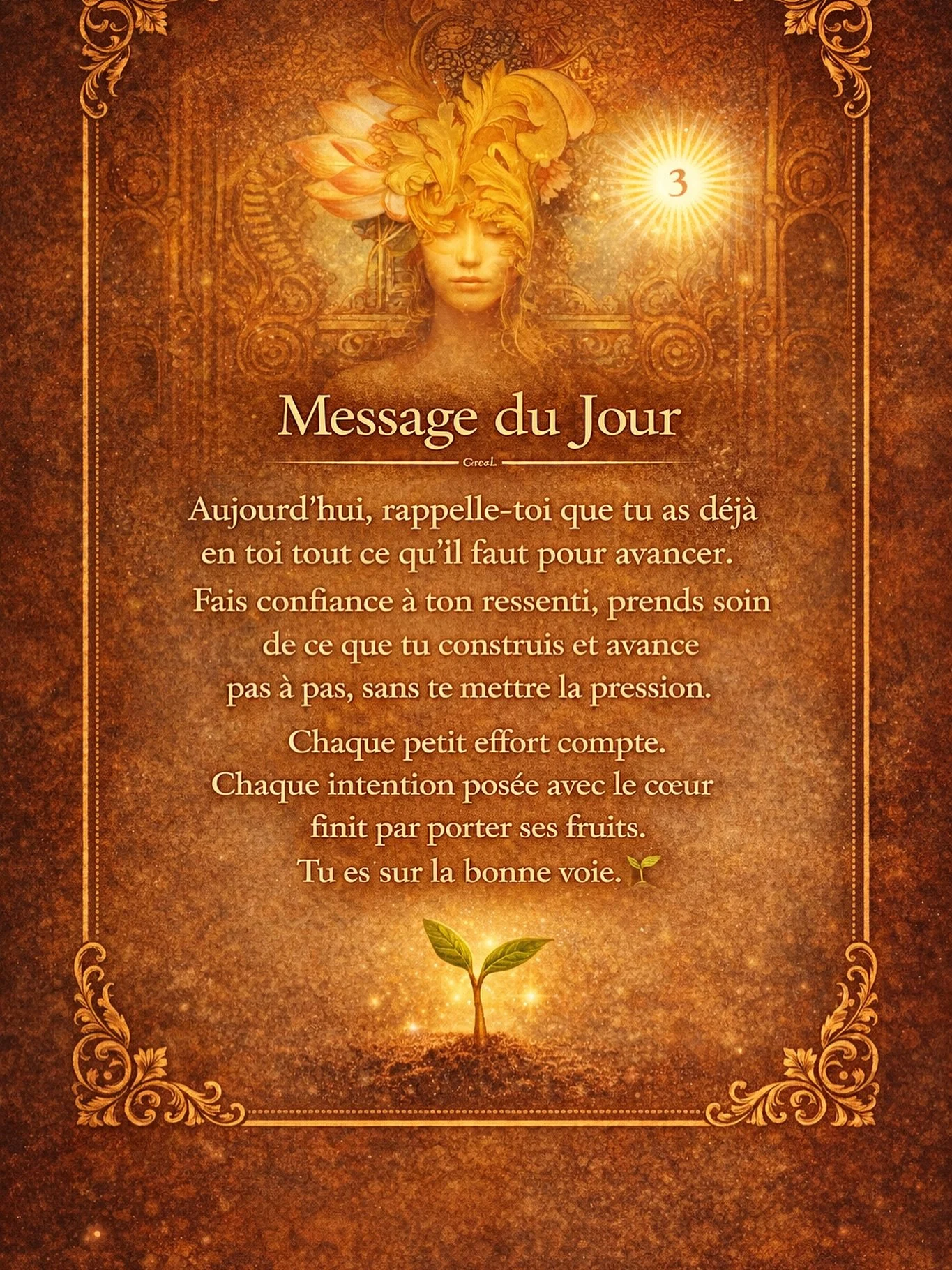🌿 Message du Jour &ndash; L&rsquo;Imp&eacute;ratrice 🌿

Aujourd&rsquo;hui, cette carte nous rappelle que tout grand projet commence par de petits gestes pos&eacute;s avec le c&oelig;ur. 💛

Tu as d&eacute;j&agrave; en toi les ressources n&eacute;ce