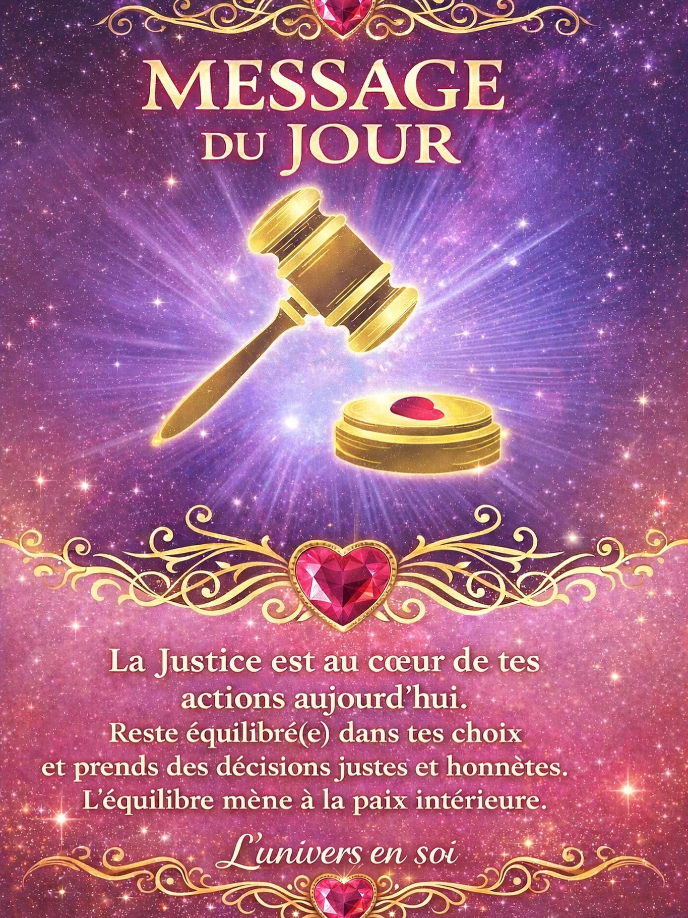 💫 MESSAGE DU JOUR &ndash; JUSTICE 💫

Aujourd&rsquo;hui, l&rsquo;univers te demande une chose essentielle :
✨ revenir &agrave; toi, &agrave; ta v&eacute;rit&eacute; ✨

⚖️ Ce que tu acceptes aujourd&rsquo;hui fa&ccedil;onne ton demain.
💖 Ce que tu c