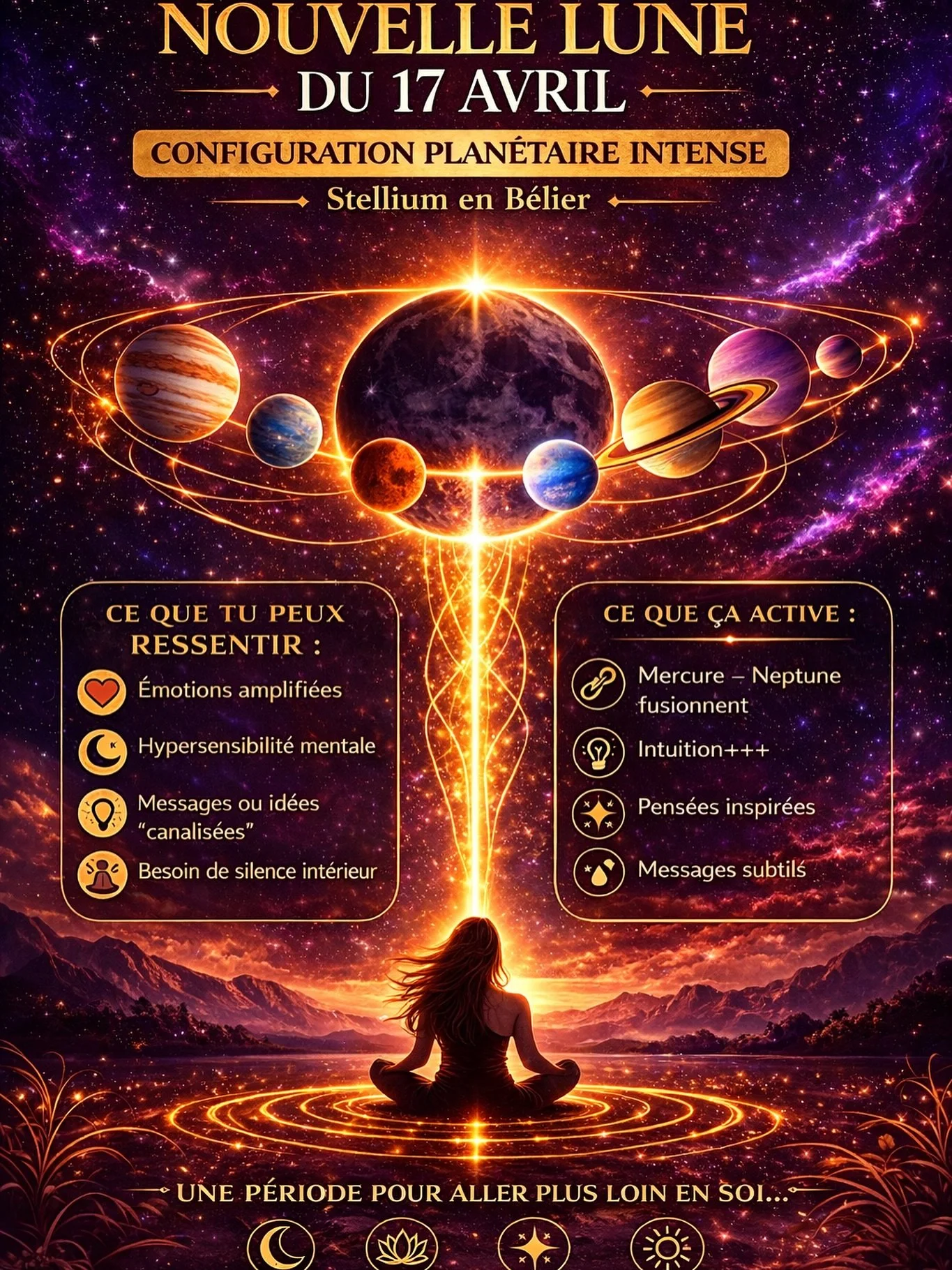 🌑 Nouvelle Lune du 17 avril

Une configuration plan&eacute;taire intense s&rsquo;ouvre&hellip;
avec un stellium en B&eacute;lier et une conjonction Mercure&ndash;Neptune.

✨ Les &eacute;nergies sont puissantes, subtiles, profondes.

Tu peux ressenti