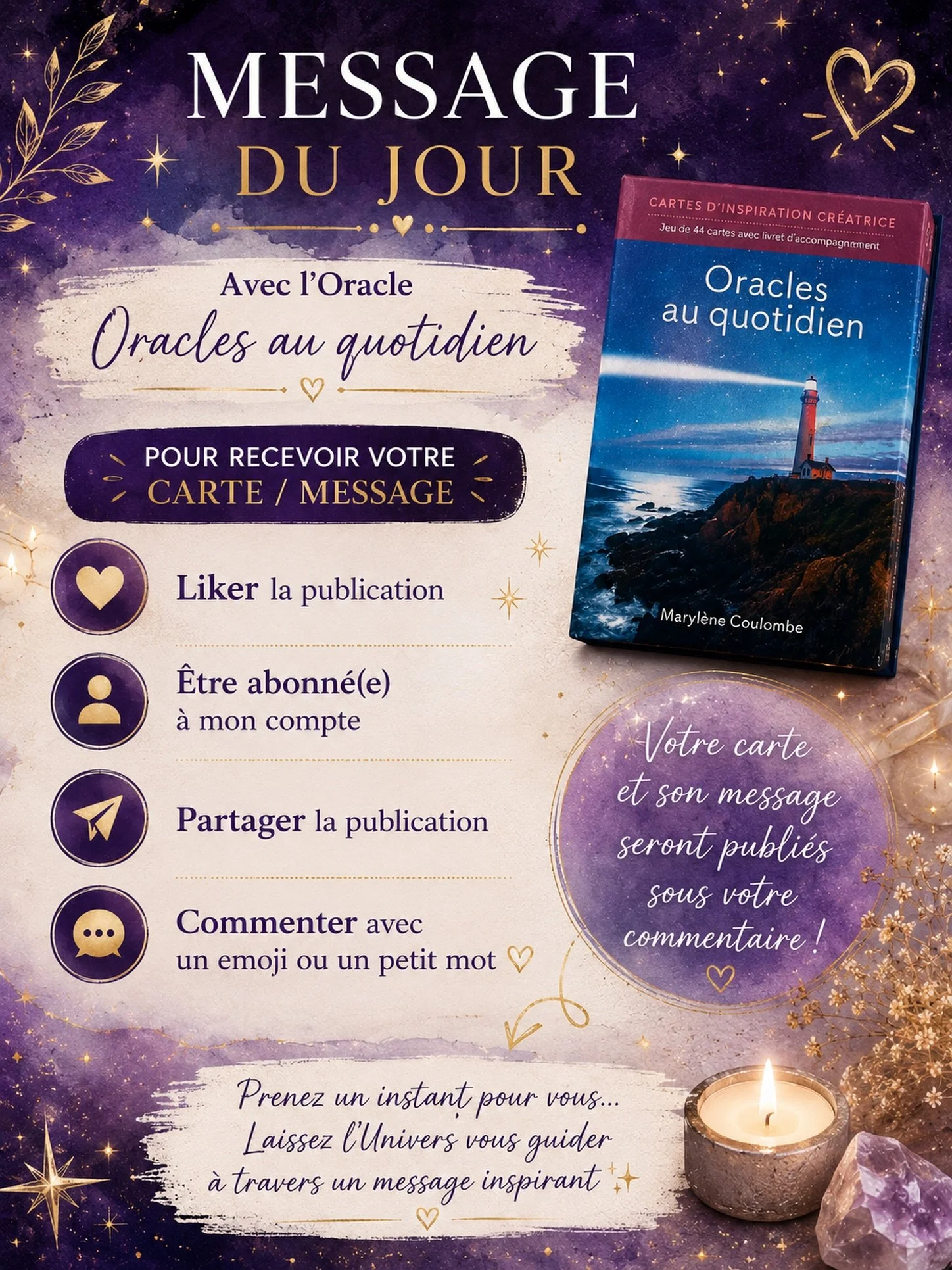 ✨ MESSAGE DU JOUR ✨
Avec l&rsquo;Oracle &laquo; Oracles au quotidien &raquo; 🌙

Aujourd&rsquo;hui, j&rsquo;ai envie de vous offrir un petit message intuitif personnalis&eacute; 💌
Pour recevoir votre carte/message du jour, il vous suffit de :

🤍 Li