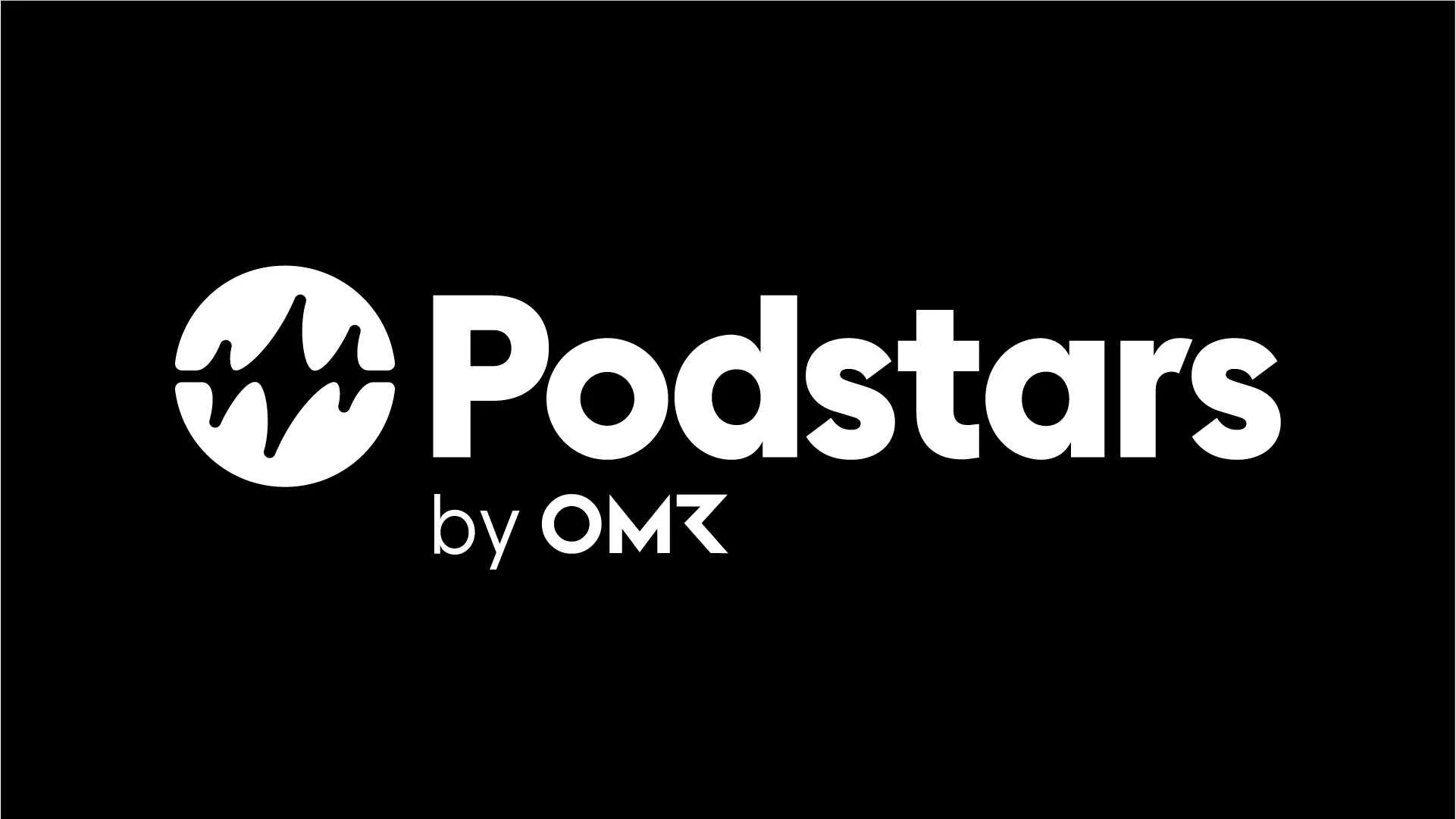 Logo von Podstars by OMZ, schwarzer Hintergrund, weißer Text, rundes Symbol mit Mikrofonlinien.
