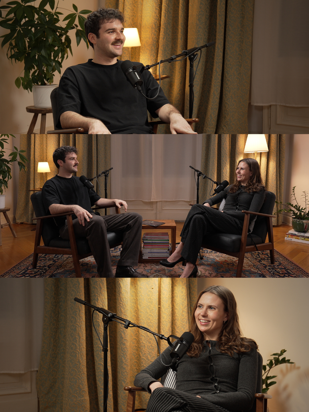 Drei Menschen bei einem Podcast-Interview in einem gemütlichen Raum, ein Mann, eine Frau, sitzend und sprechend, mit Mikrofonen