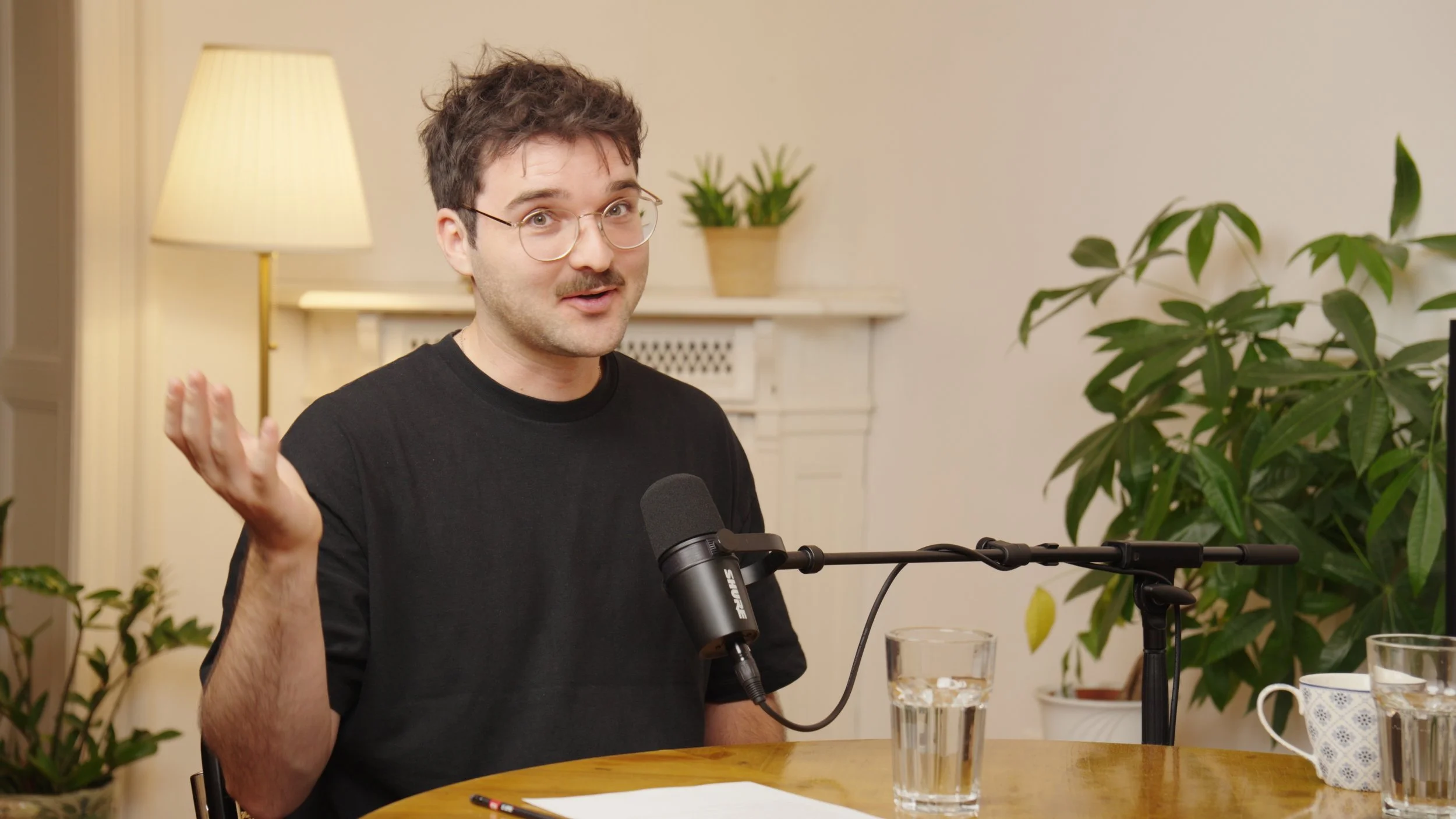 Ein Mann mit Brille und einem dunklen Pullover sitzt auf einem Sofa vor einem Mikrofon, lächelt und entspannt sich, während er in einem Raum mit einem großen Pflanzen im Hintergrund sitzt.