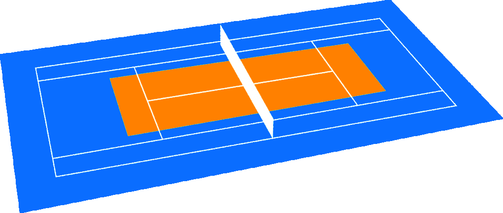 A digital illustration of a tennis court with a blue surface, orange playing area, and a white net in the middle, viewed from an angle.
