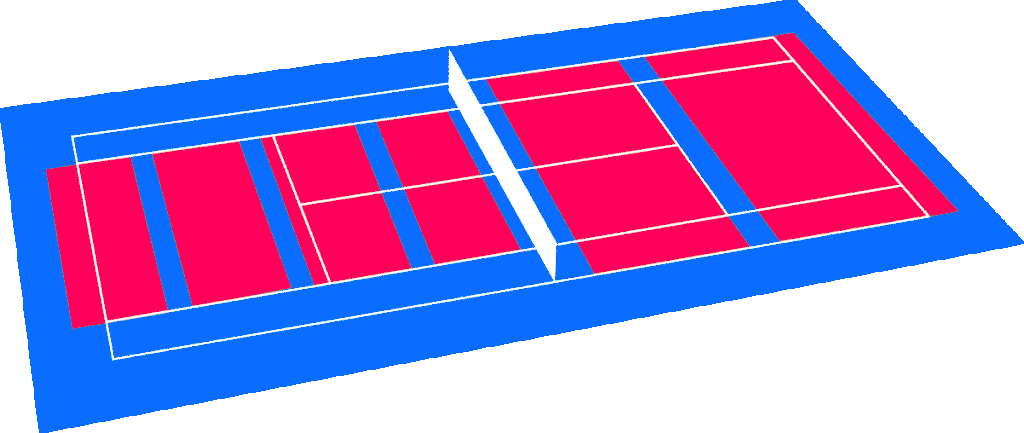 A digital illustration of a tennis court with red playing areas, white boundary lines, and a blue surrounding area, viewed from an angle.