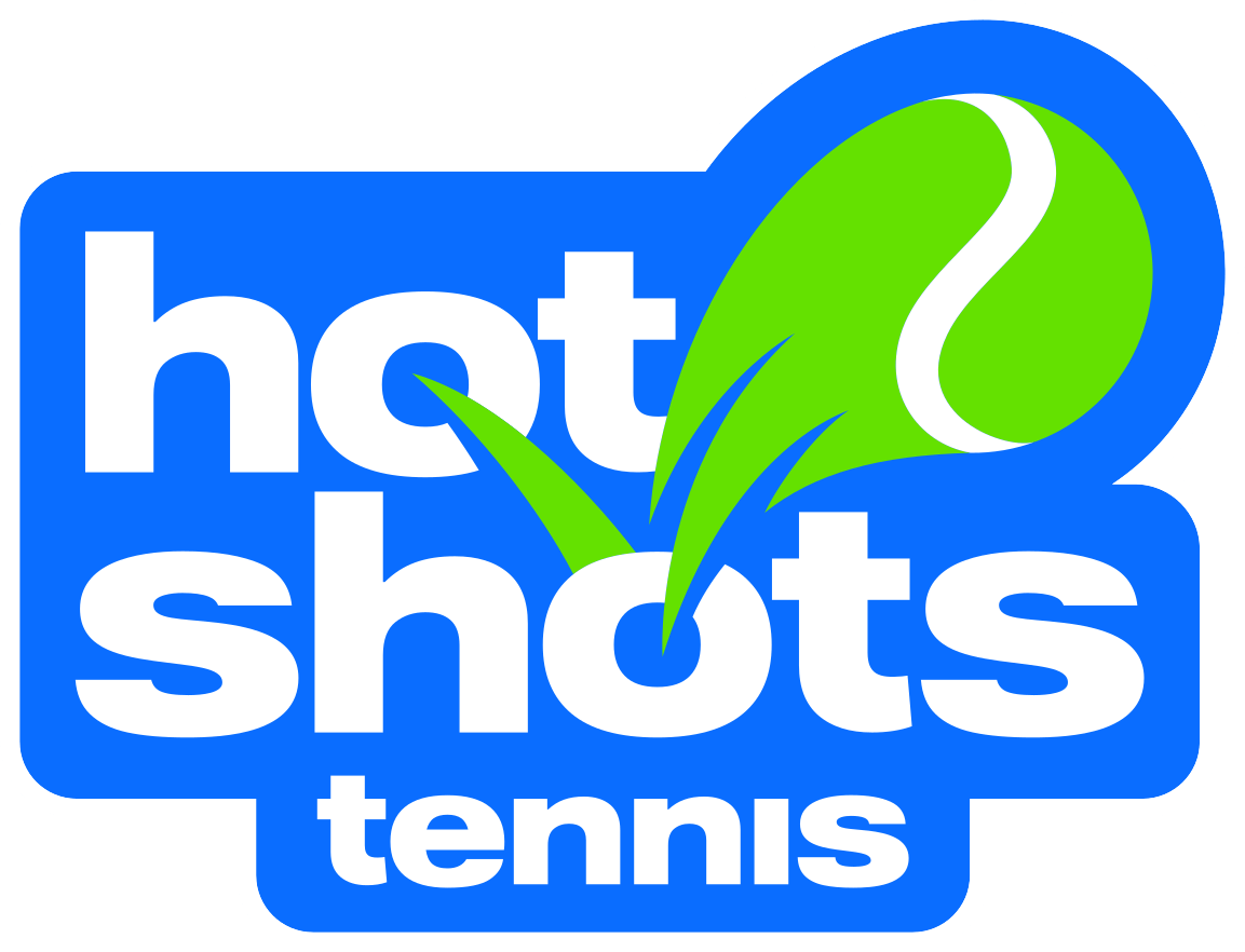 Logo for Hot Shots Tennis with a blue background, white text, and a green tennis ball illustration.