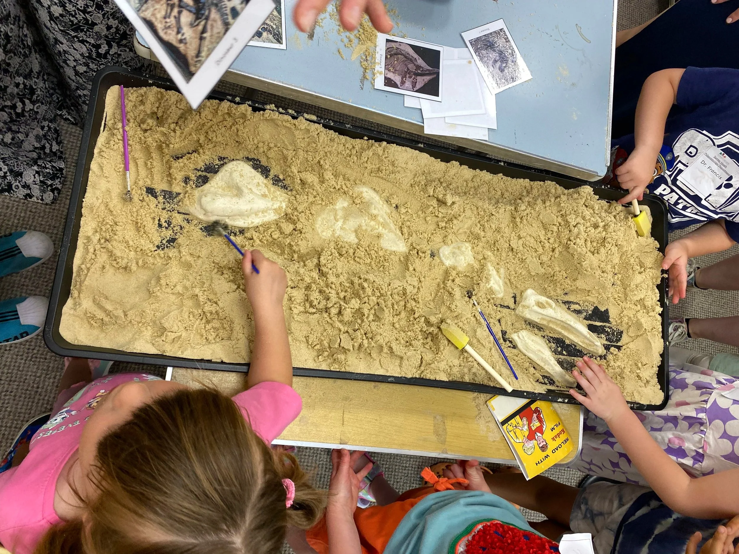Children surounding a tray of sand, excavating some bones
