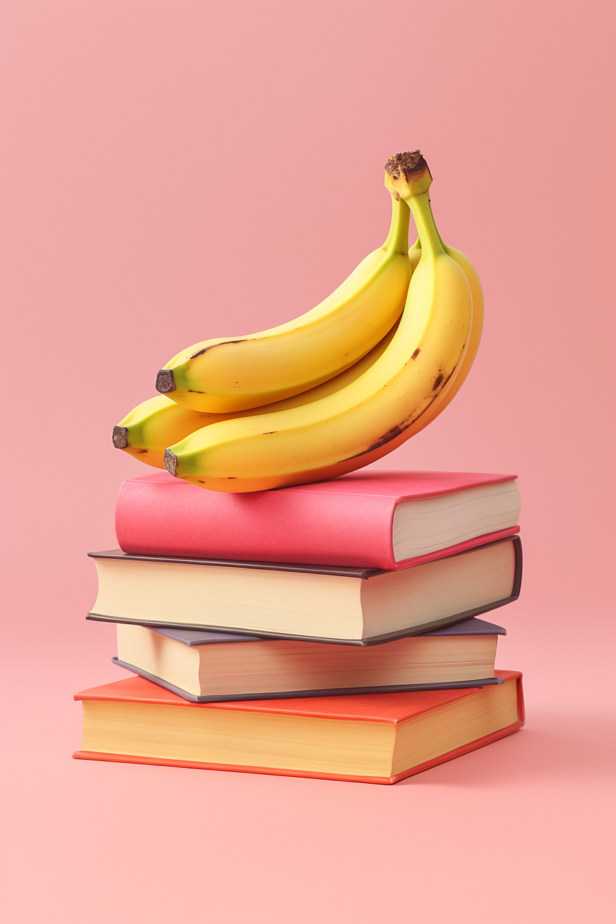 Ai-generated image of banana on books on pastel pink background