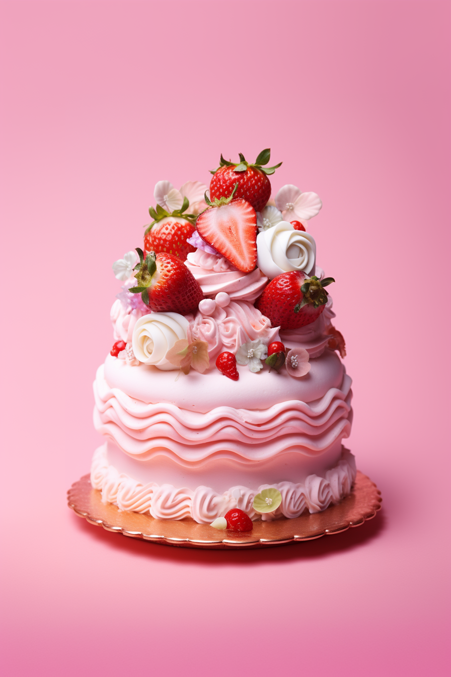 Extravagant cake on pastel pink background made with ai