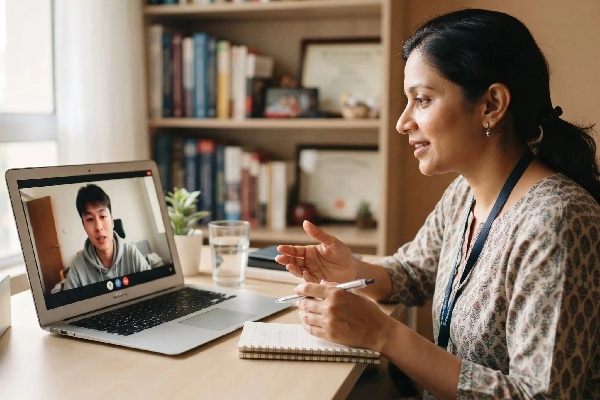 An Indian female counsellor conducting an online video therapy session with a client