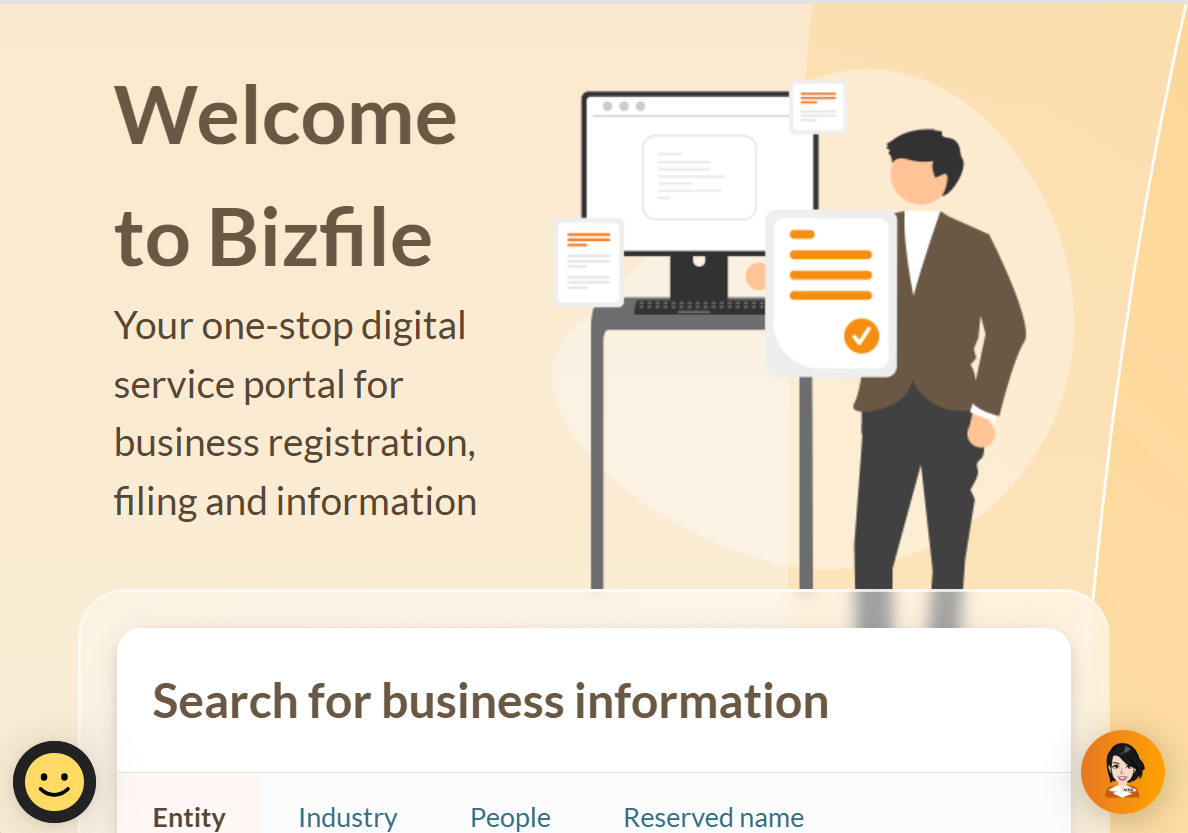 A screenshot of Bizfile where therapists can register a business entity