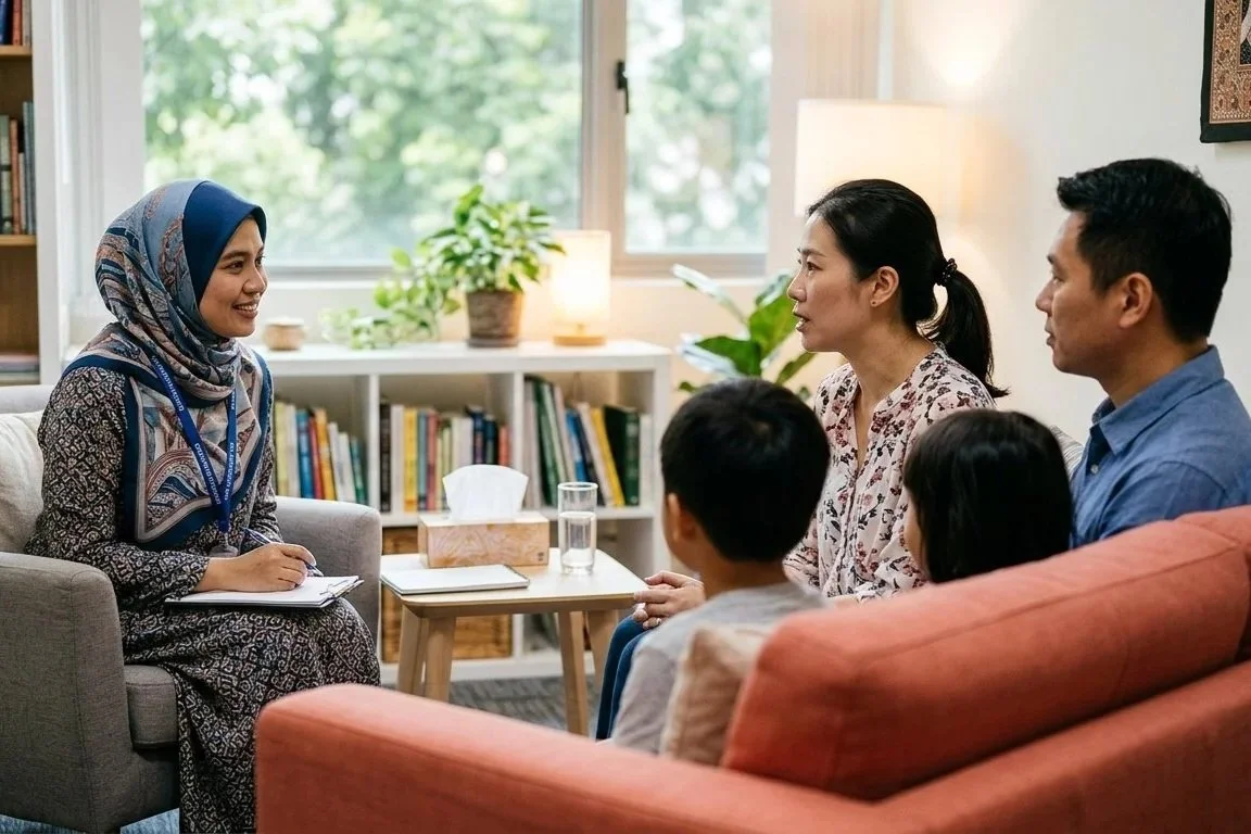 A Malay female counsellor conducting a family counselling session
