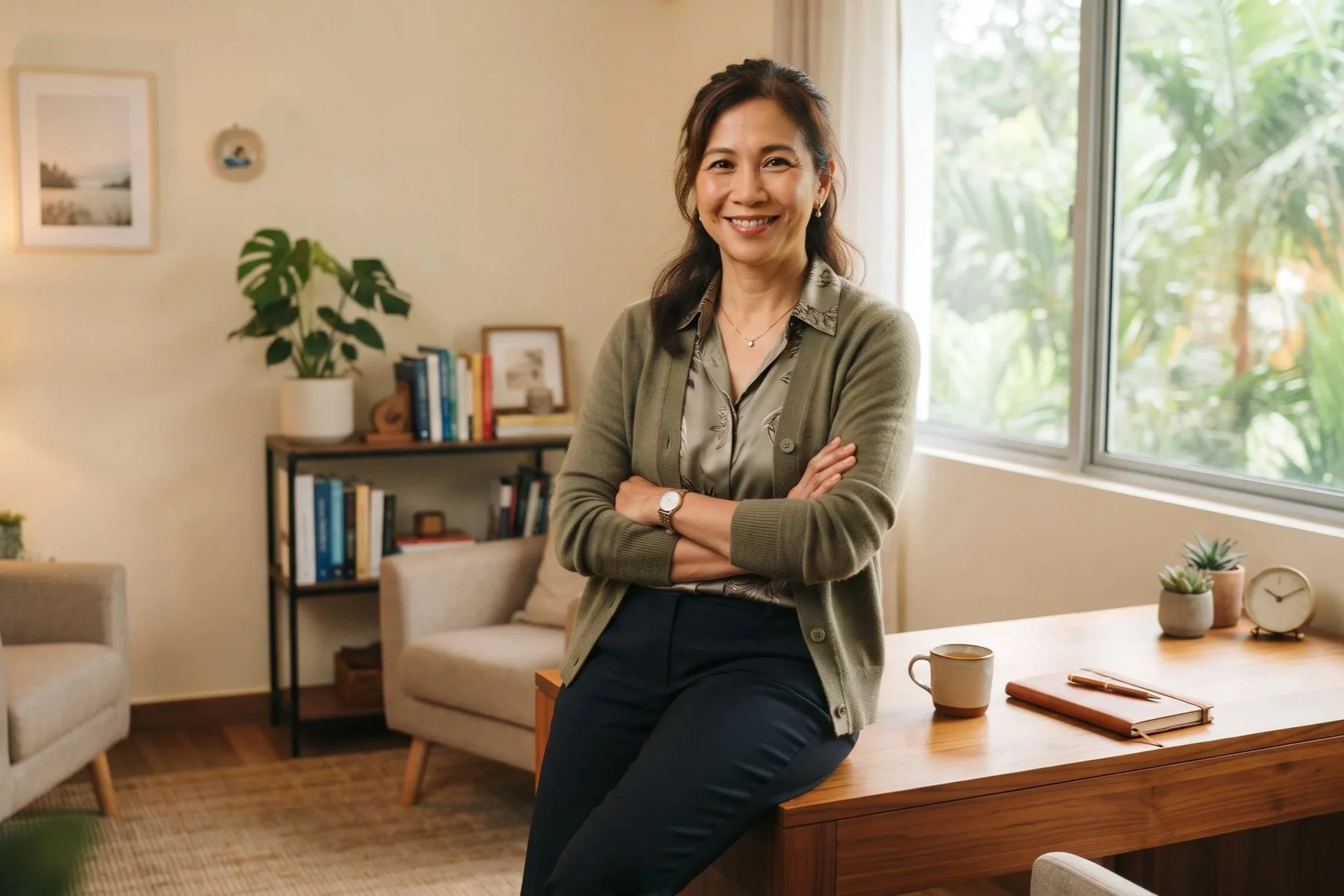 A female private practice counsellor standing in her office