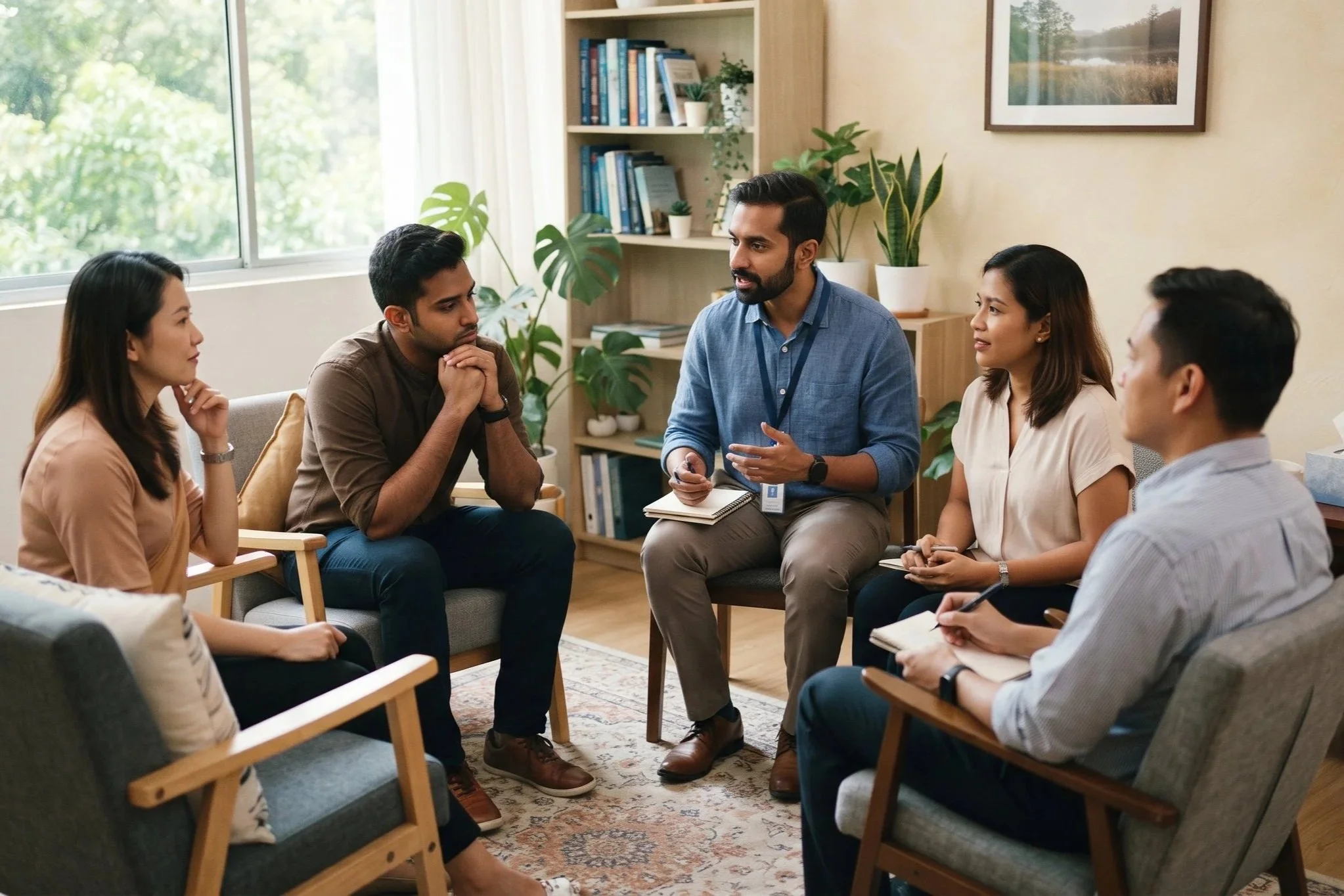 An Indian male counsellor facilitating a group therapy session with a diverse group of adults