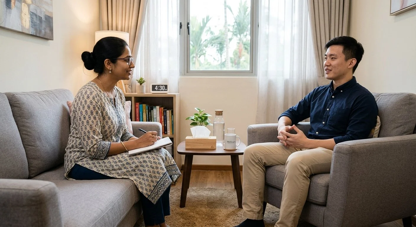 An Indian female counsellor conducting an in-person therapy session