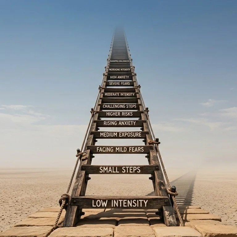 Endless ladder with rungs marked for increasing anxiety levels, illustrating the limitations and distress of exposure therapy for phobias