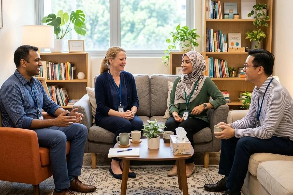 A multicultural team of counsellors chatting in a group practice therapy room