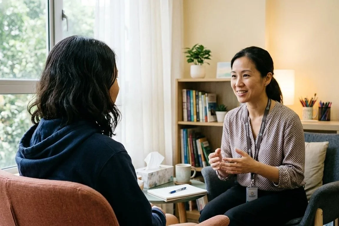 A Chinese female counsellor conducting a session with a student