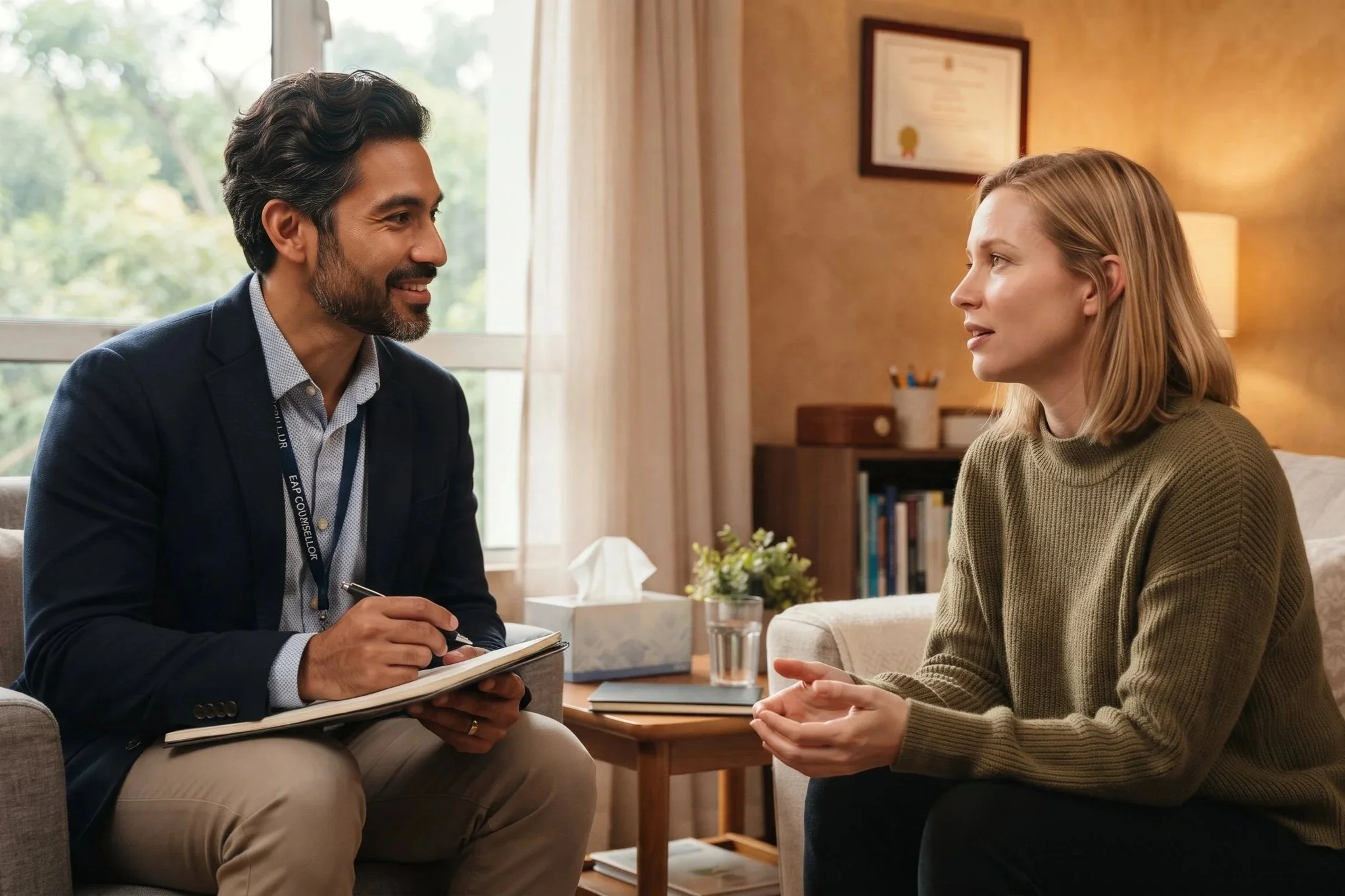 A Eurasian male counsellor conducting an in-person EAP counselling session with a client