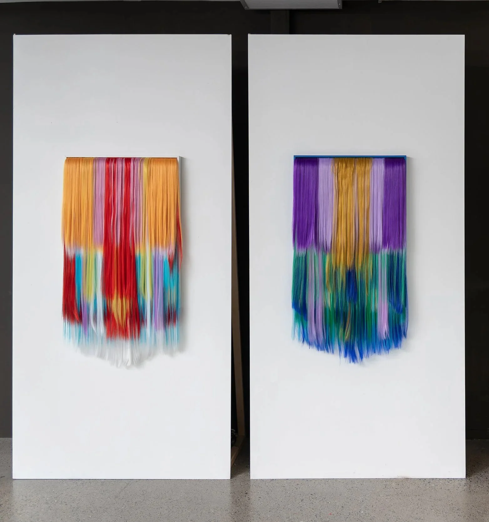 Untitled (Helen), 2025. 
Untitled (Harriet), 2025. 
Both: Acrylic hair, MDF, canvas, wooden frame.
Both: 63 x 114 cm