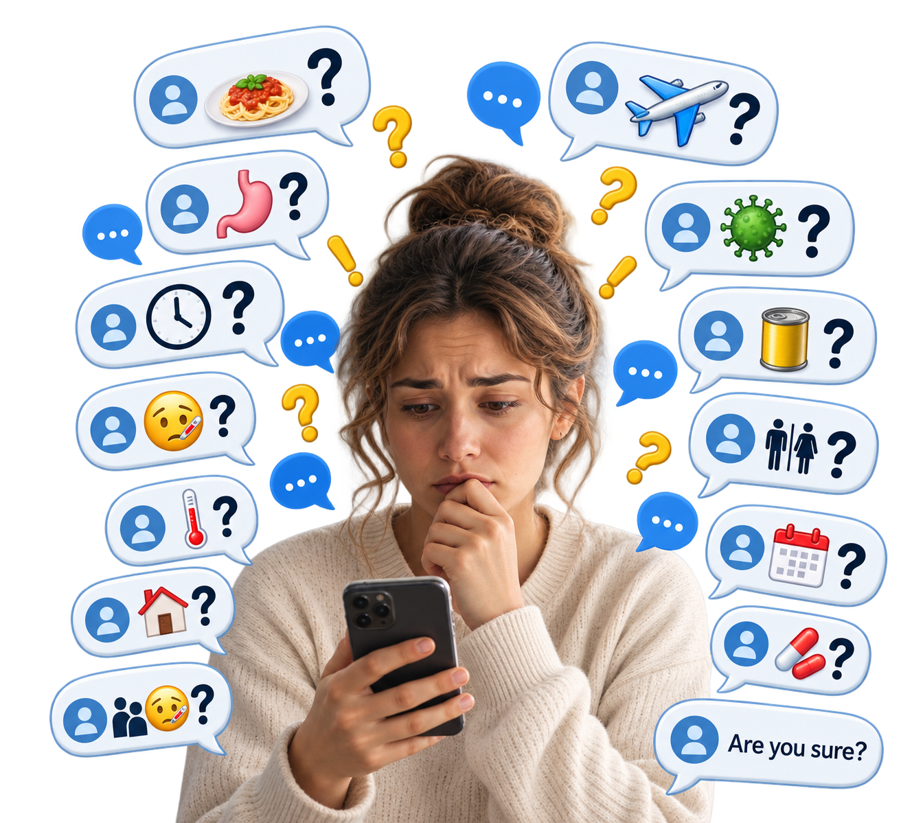 Illustration of a woman with emetophobia repeatedly seeking reassurance through her phone, surrounded by question bubbles and symbols representing concerns about vomiting, illness, food, germs, travel and health.