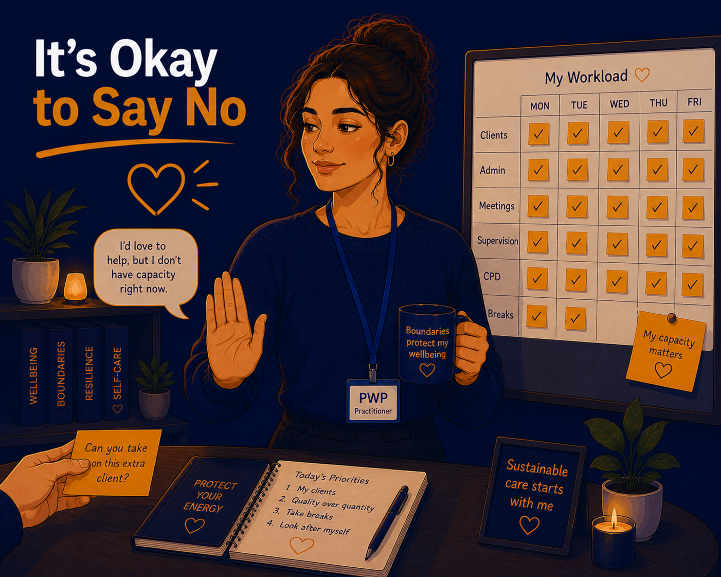 Female Psychological Wellbeing Practitioner confidently setting professional boundaries and politely declining additional work, illustrating the importance of managing workload and preventing burnout.