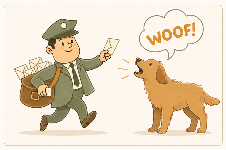 Illustration of a dog barking at a postman, used as a CBT analogy to explain how safety behaviours can appear to prevent a feared outcome.
